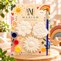 Kids painting kit with three flower shapes, three paints and a brush