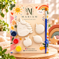 Kids painting kit with unicorn, orange, apple and lemon shapes, three paints and a brush