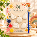 Kids painting kit with banana, melon, pear, grapes and strawberry shapes, three paints and a brush
