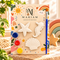 Kids painting kit with starfish, seahorse and seashell shapes, three paints and a brush
