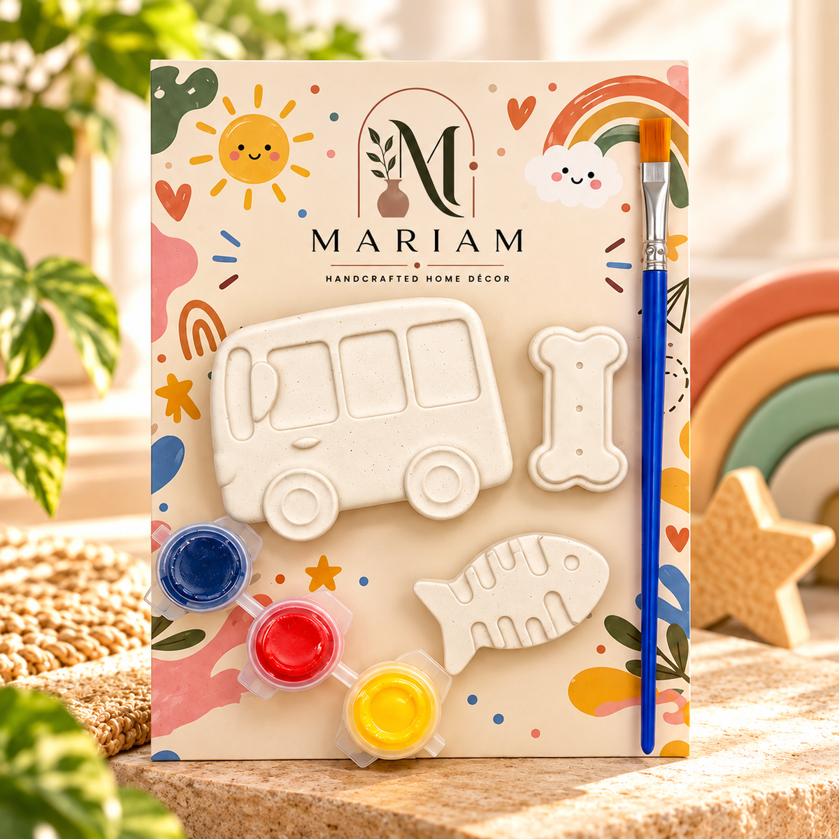 Kids painting kit with bus, bone and fishbone shapes, three paints and a brush