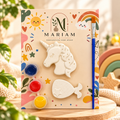 Kids painting kit with unicorn and fish shapes, three paints and a brush
