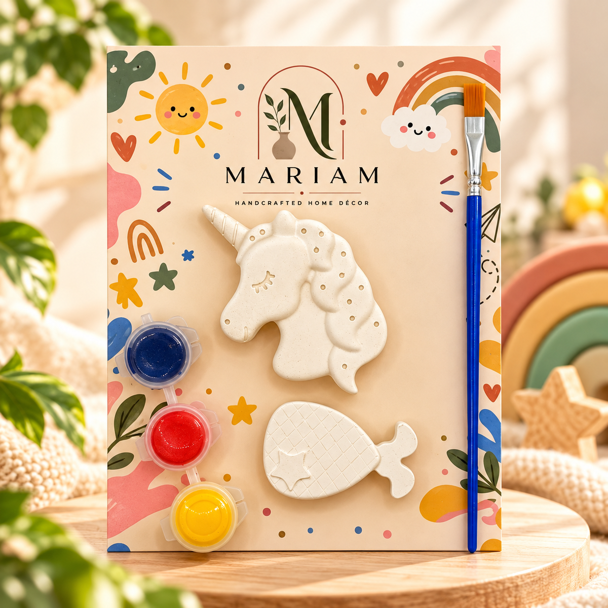Kids painting kit with unicorn and fish shapes, three paints and a brush
