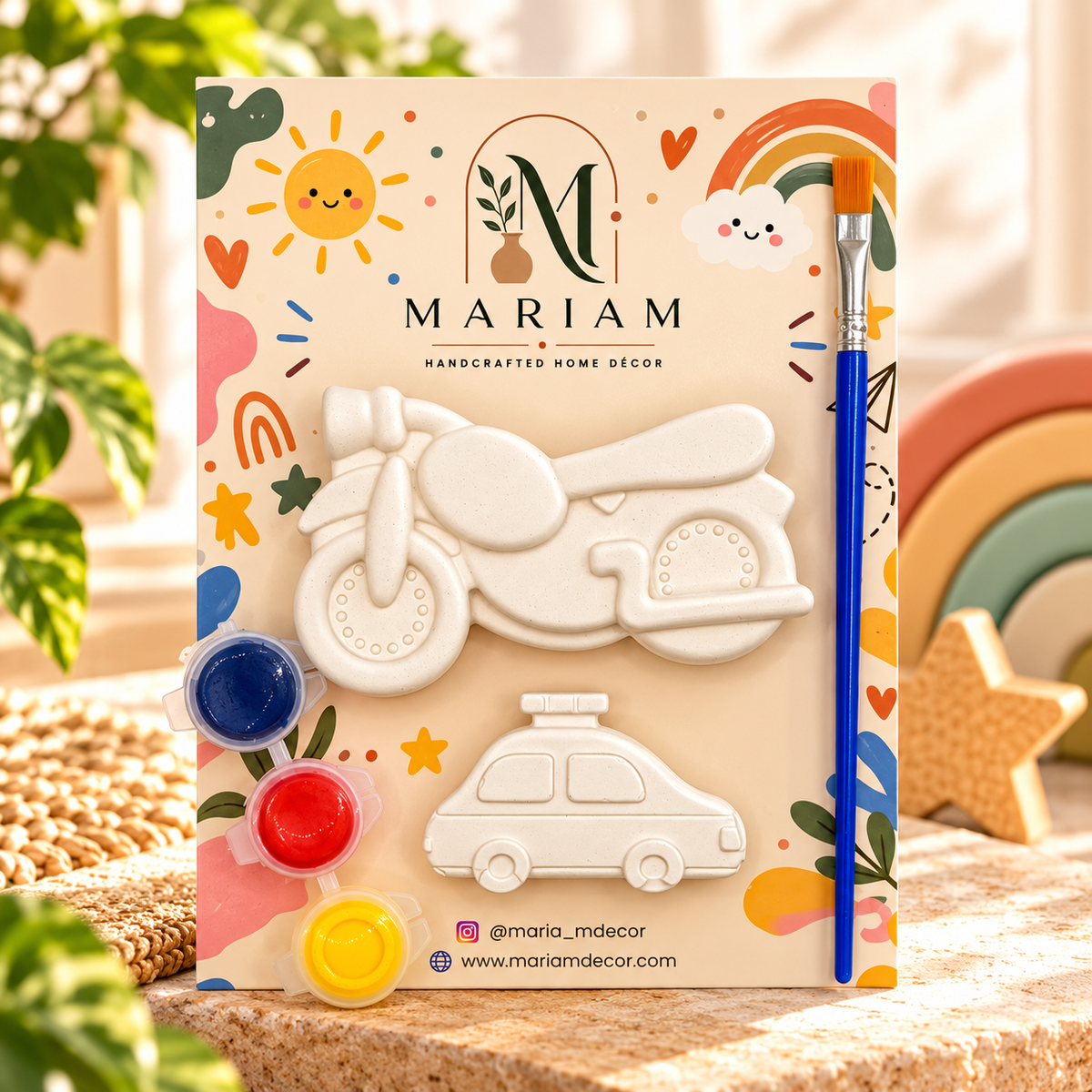 Kids painting kit with motorbike and taxi shapes, three paints and a brush