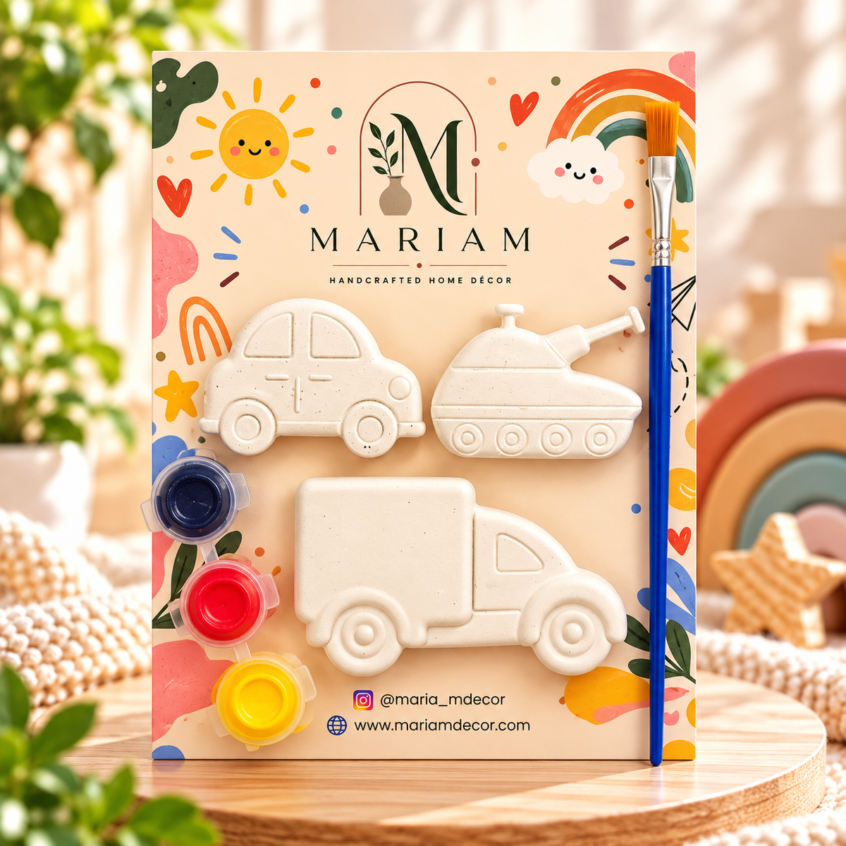 Kids painting kit with car, truck and tank shapes, three paints and a brush
